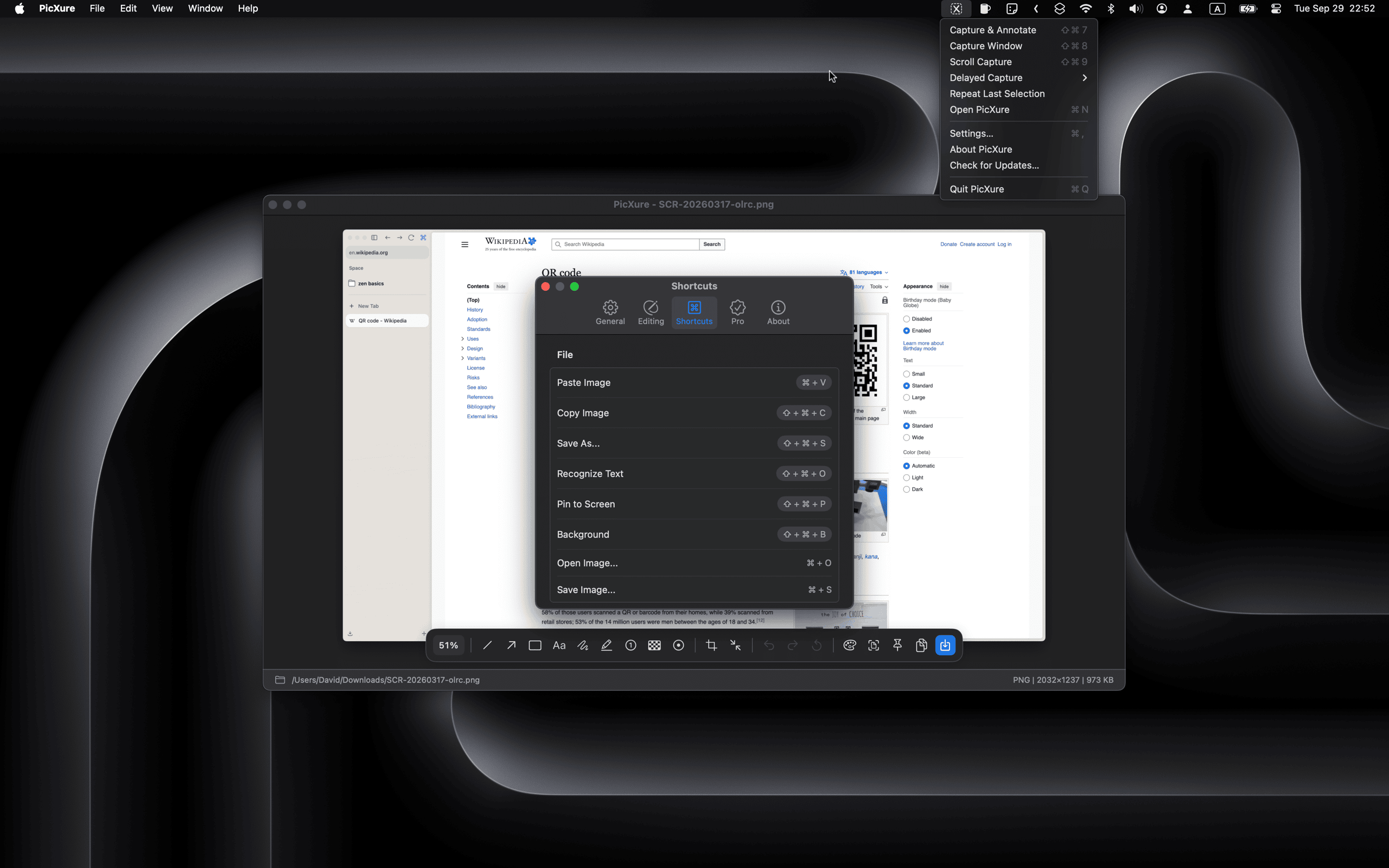 Menu bar & shortcuts
